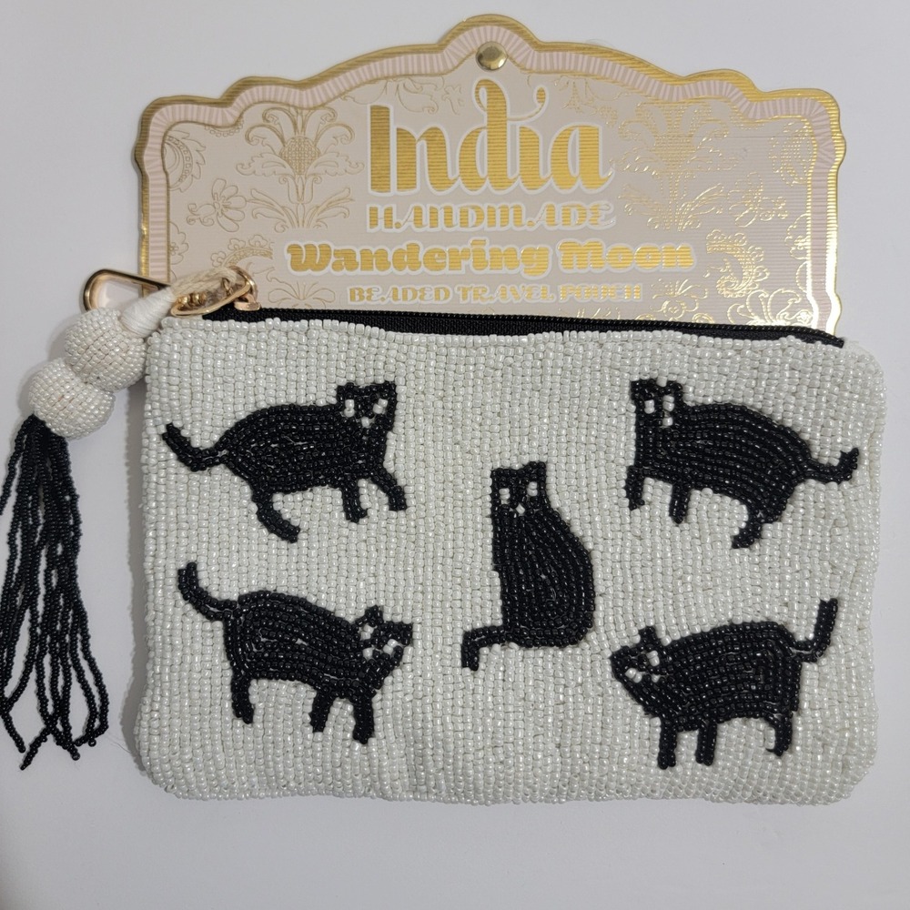 Wandering Moon Beaded Cats Pouch Handmade India Travel Bag Clutch Cosmetic‎ Bag